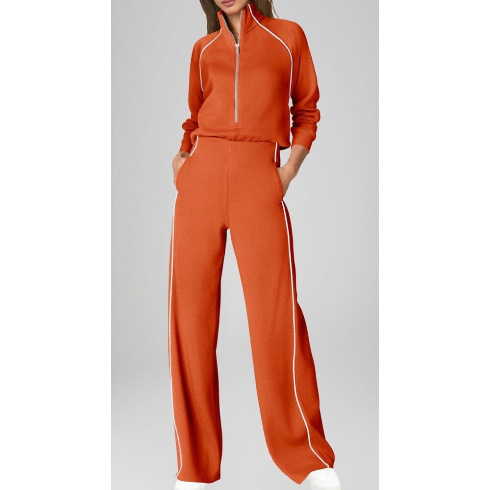 Womens Jumpsuits Casual Long Sleeve Jumpsuit Mock Neck Wide Leg Pants Orange XL - Picture 3 of 5